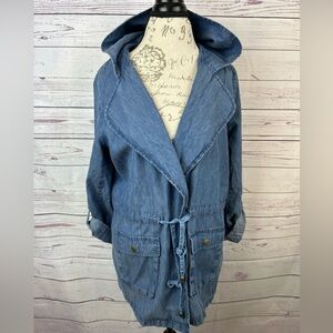 NWT Utility Blue Chambray Jacket Women’s L Hood Tie Close Roll Up Sleeves